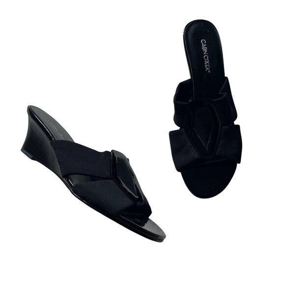 Black Open Toe Kitten Heel Wedge Sandals Sz 9 Y2K - Picture 1 of 5